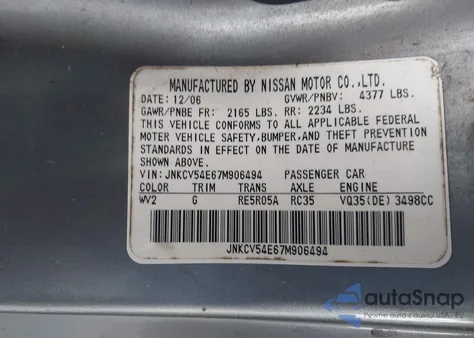 2007 Infiniti G35 z USA, uszkodzony, nr VIN JNKCV54E67M906494